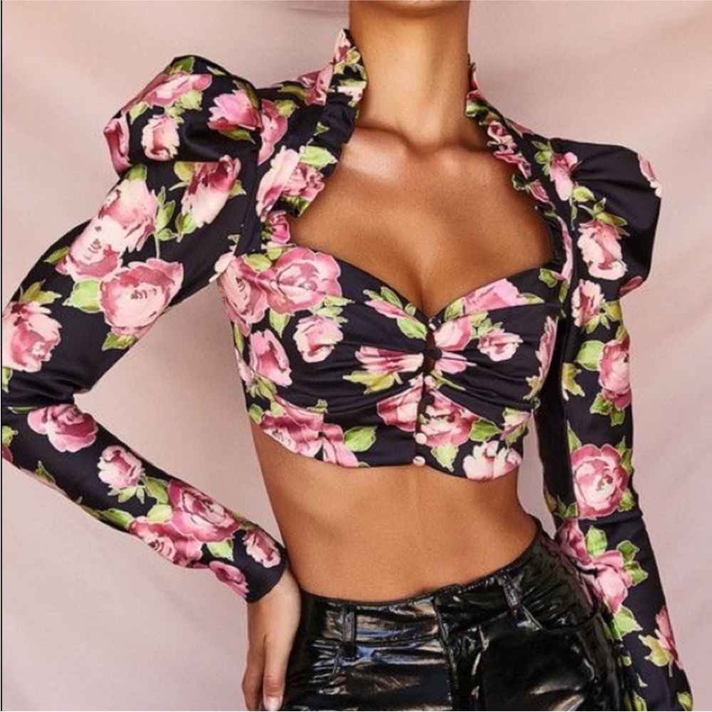 New House of CB Marcellina Cropped Top Rose Print Puff Sleeve Size Large HOT